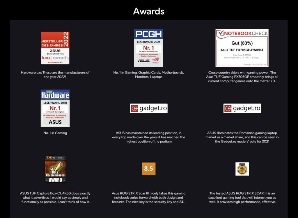 Asus Quality test Awards