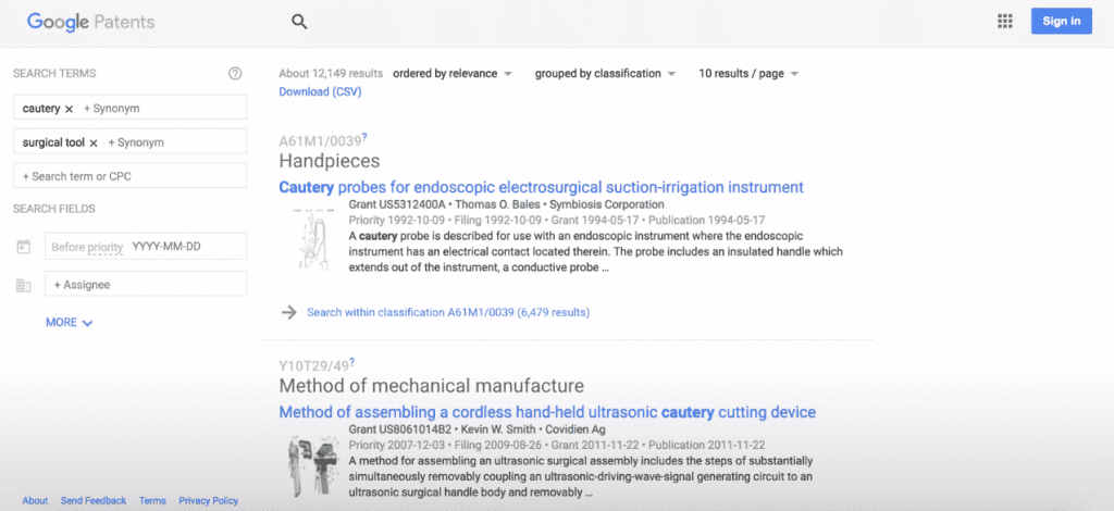 Google Patent search results